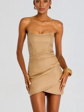 Retrofete JAMES COATED DENIM MINI DRESS Strapless Taupe Bodycon NWT Sz S